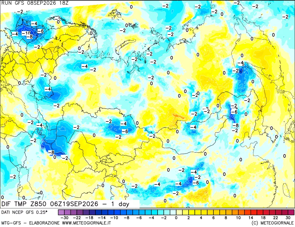 mappa Dif. Temp a 850 hPa Valid - 1 day