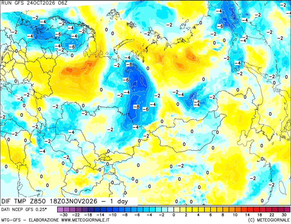 mappa Dif. Temp a 850 hPa Valid - 1 day