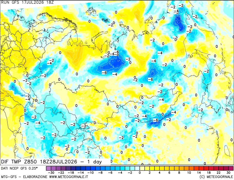 mappa Dif. Temp a 850 hPa Valid - 1 day