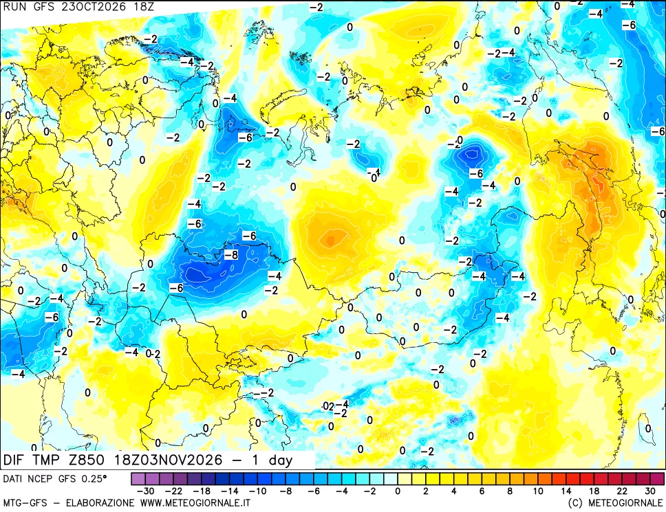 mappa Dif. Temp a 850 hPa Valid - 1 day