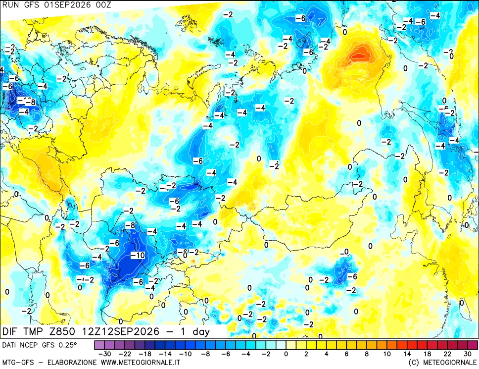 mappa Dif. Temp a 850 hPa Valid - 1 day
