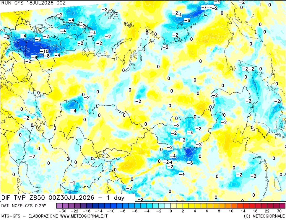 mappa Dif. Temp a 850 hPa Valid - 1 day