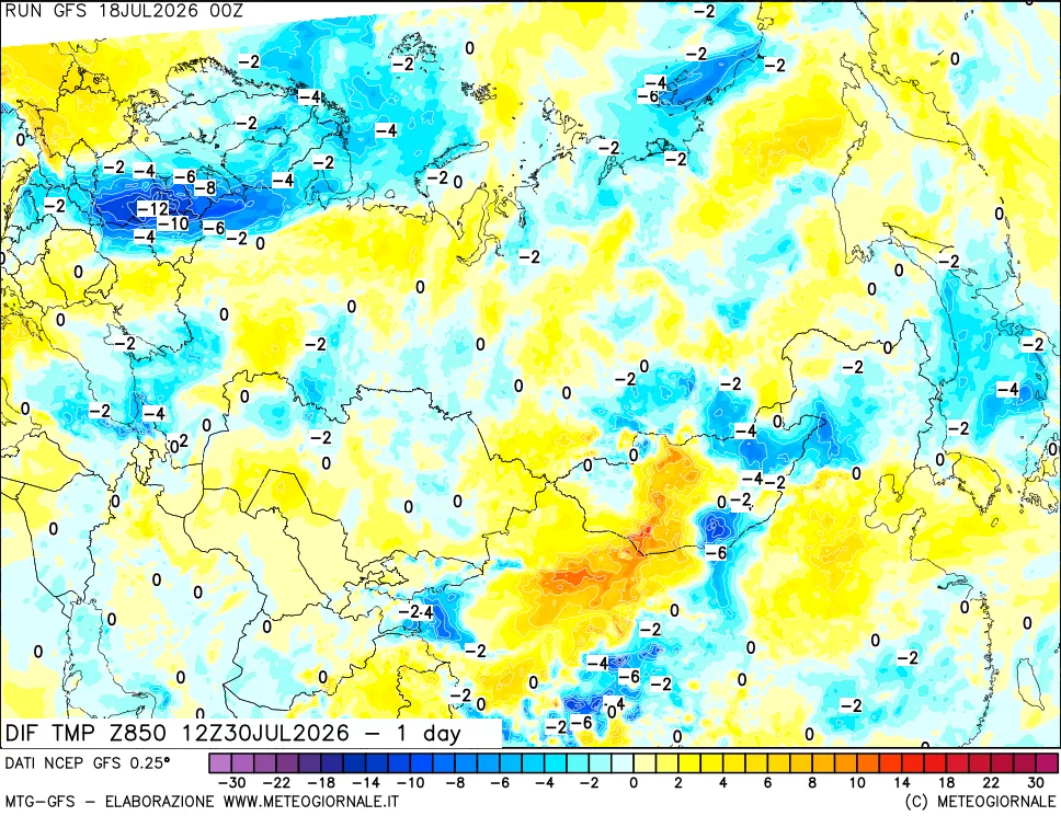 mappa Dif. Temp a 850 hPa Valid - 1 day