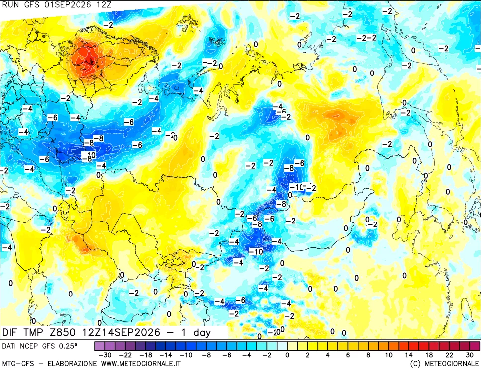 mappa Dif. Temp a 850 hPa Valid - 1 day