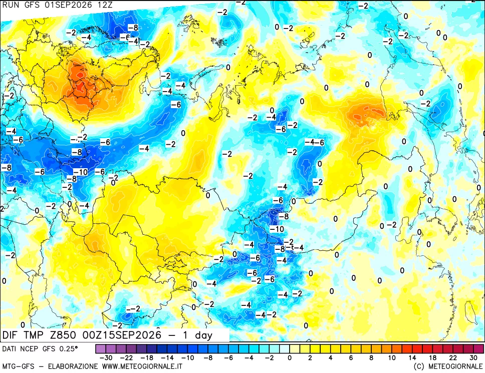 mappa Dif. Temp a 850 hPa Valid - 1 day