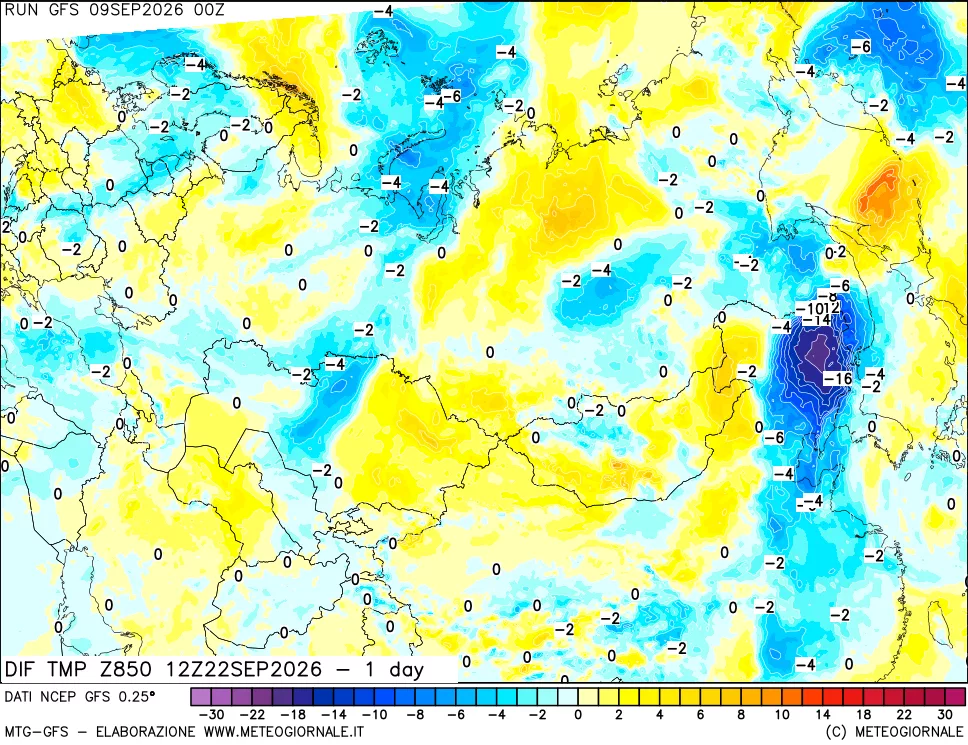 mappa Dif. Temp a 850 hPa Valid - 1 day