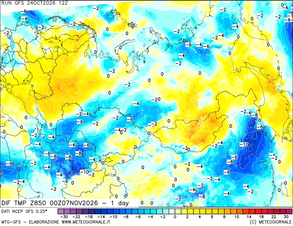mappa Dif. Temp a 850 hPa Valid - 1 day