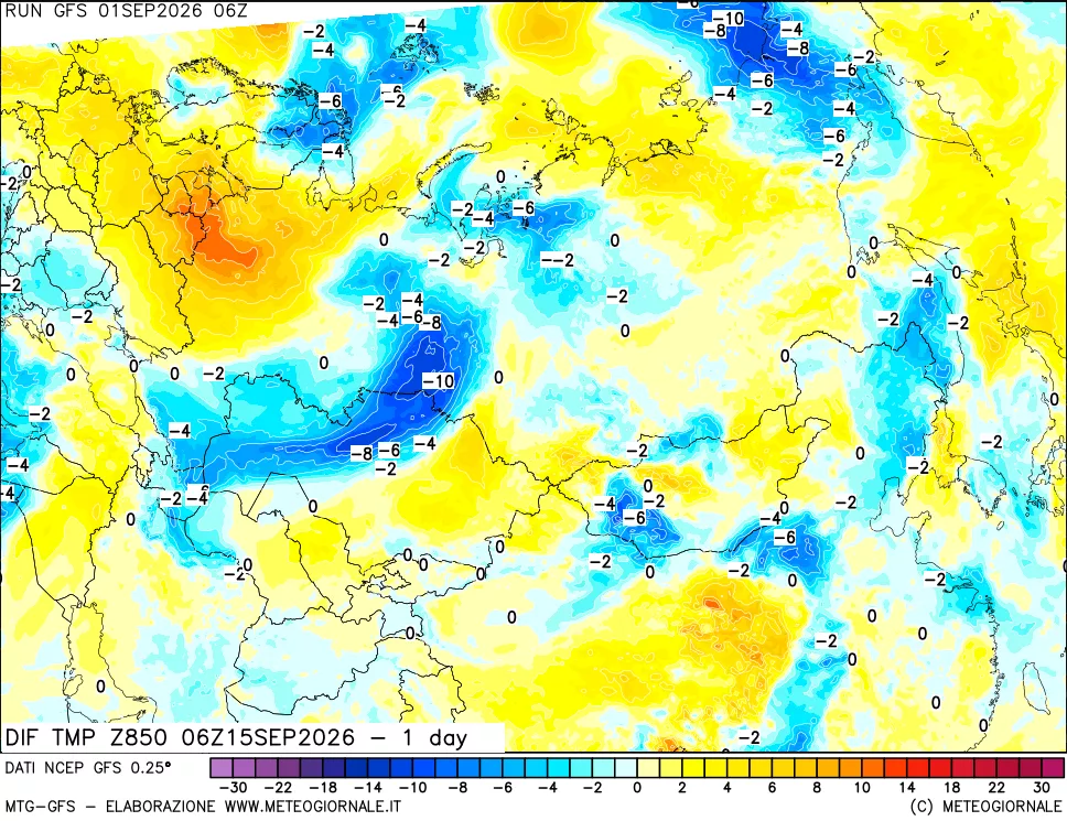 mappa Dif. Temp a 850 hPa Valid - 1 day