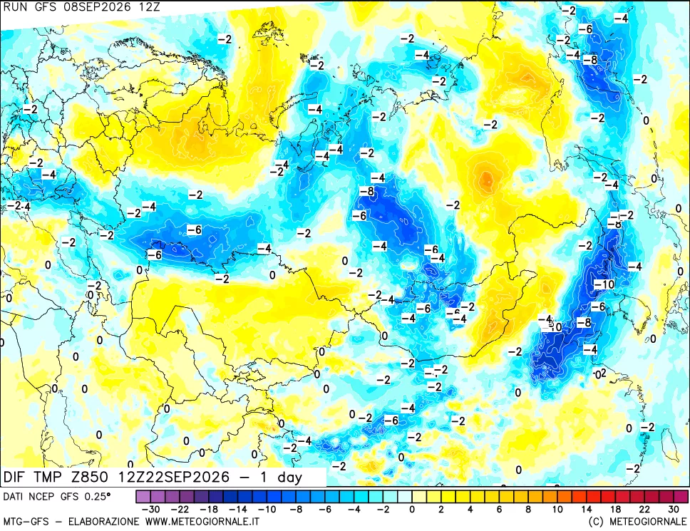 mappa Dif. Temp a 850 hPa Valid - 1 day