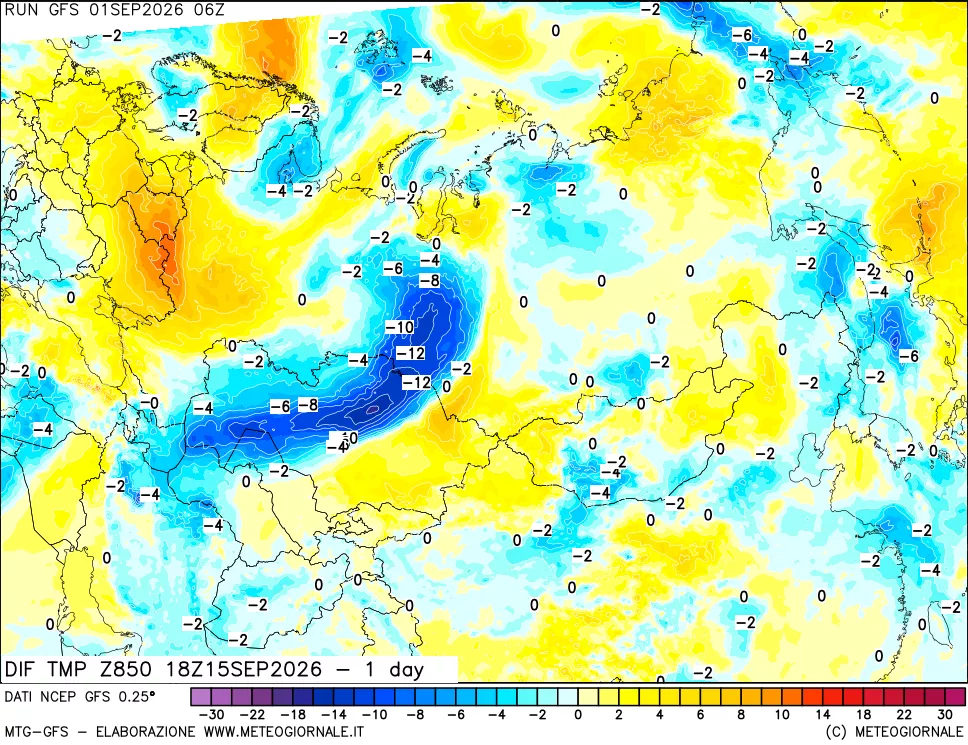 mappa Dif. Temp a 850 hPa Valid - 1 day