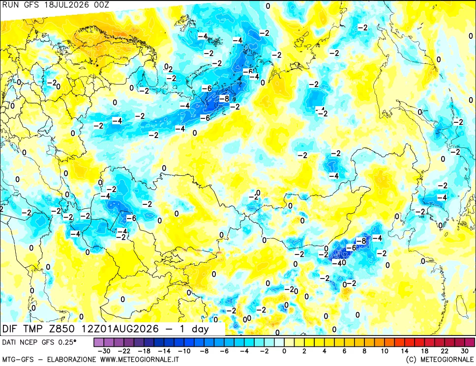 mappa Dif. Temp a 850 hPa Valid - 1 day