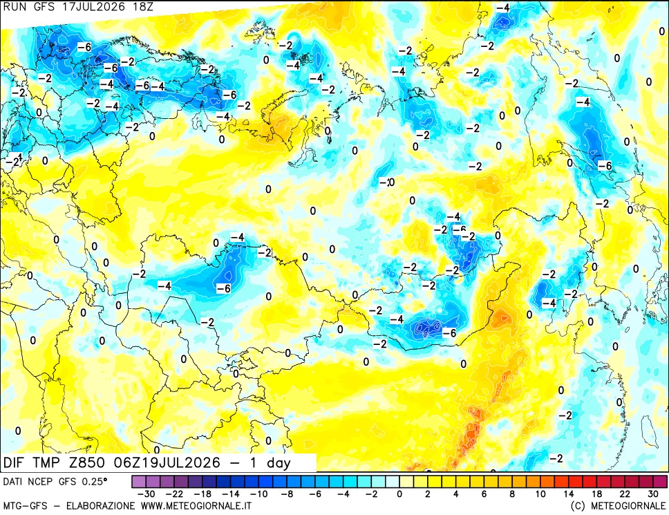 mappa Dif. Temp a 850 hPa Valid - 1 day