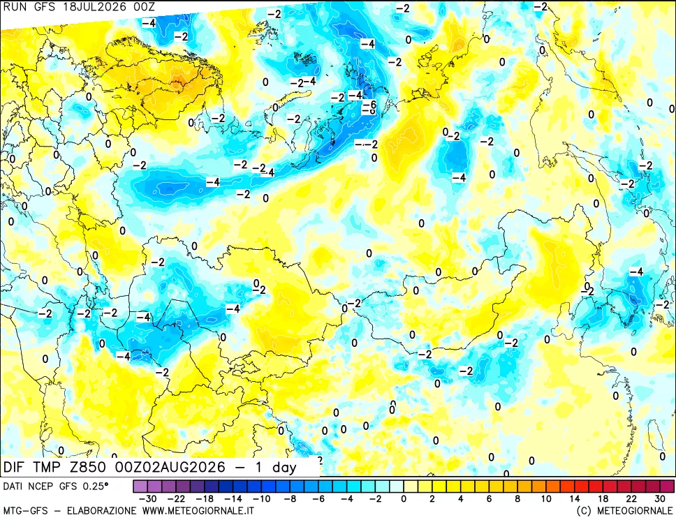 mappa Dif. Temp a 850 hPa Valid - 1 day