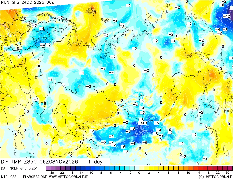 mappa Dif. Temp a 850 hPa Valid - 1 day