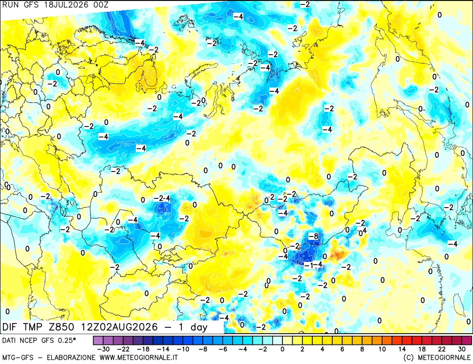 mappa Dif. Temp a 850 hPa Valid - 1 day