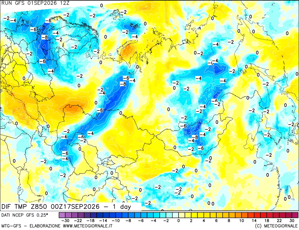 mappa Dif. Temp a 850 hPa Valid - 1 day