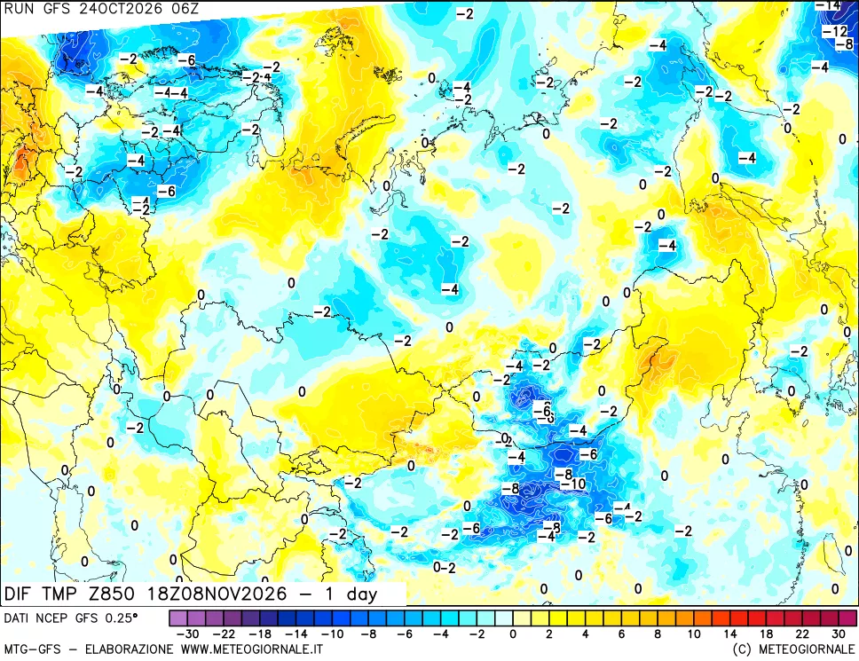 mappa Dif. Temp a 850 hPa Valid - 1 day