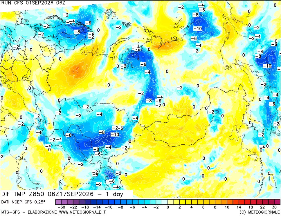 mappa Dif. Temp a 850 hPa Valid - 1 day