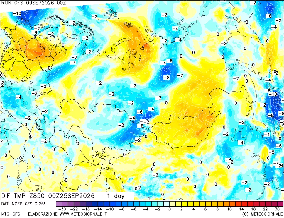 mappa Dif. Temp a 850 hPa Valid - 1 day