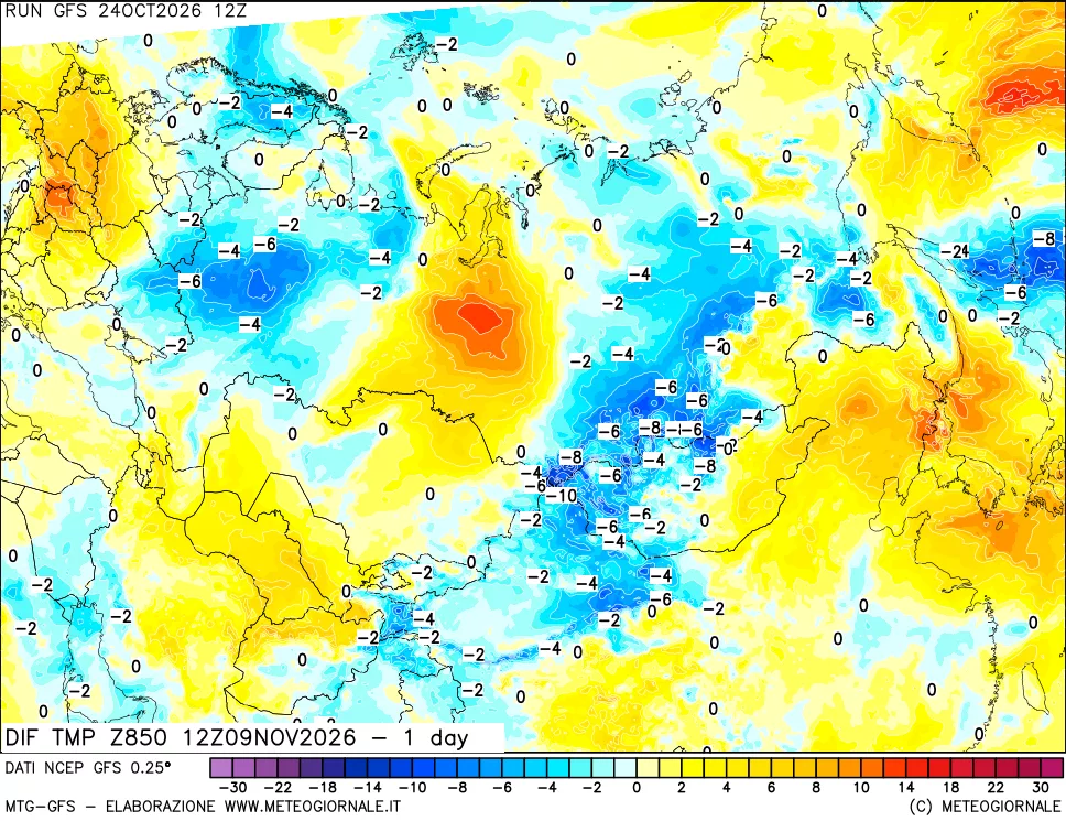 mappa Dif. Temp a 850 hPa Valid - 1 day