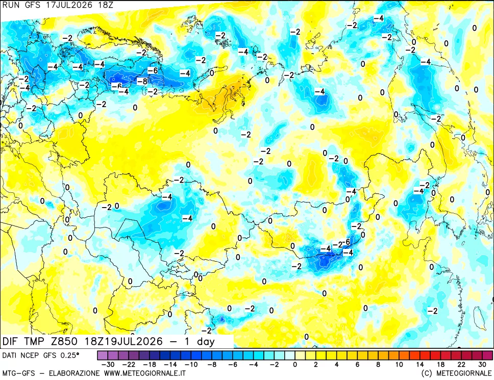 mappa Dif. Temp a 850 hPa Valid - 1 day