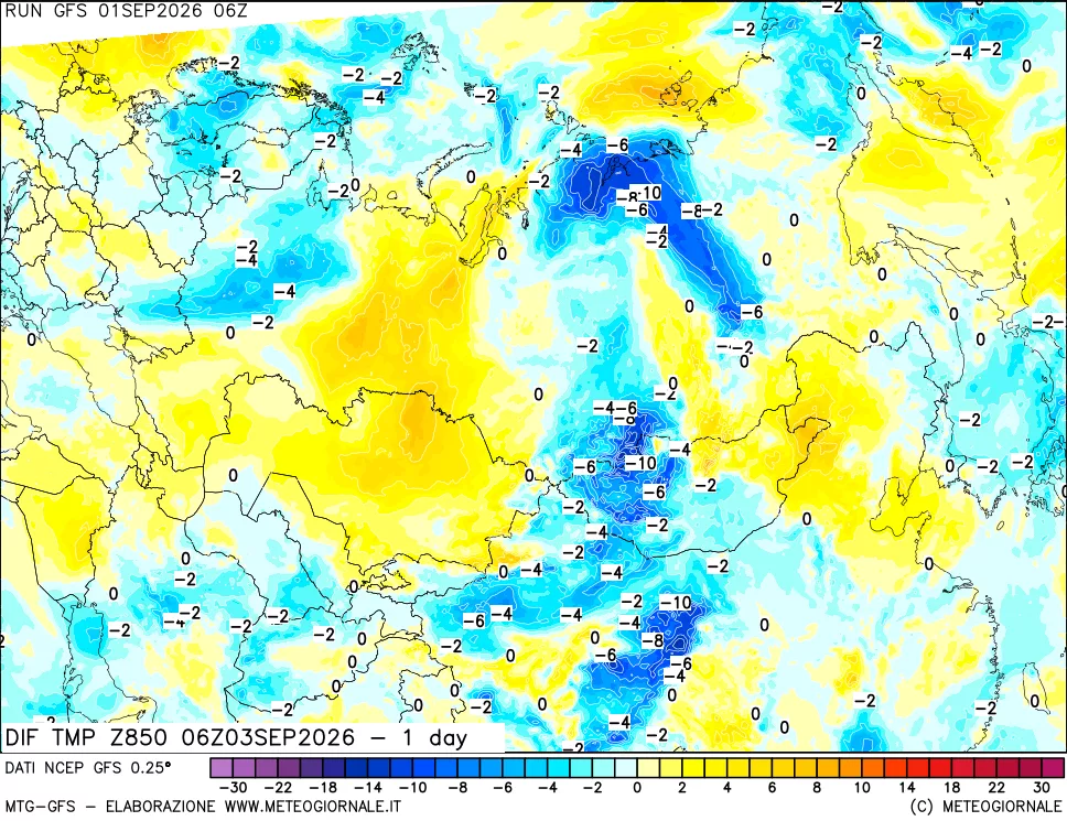 mappa Dif. Temp a 850 hPa Valid - 1 day