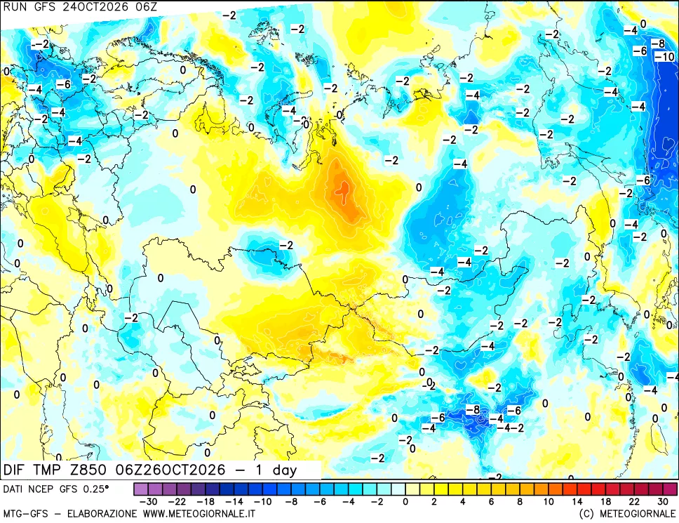 mappa Dif. Temp a 850 hPa Valid - 1 day