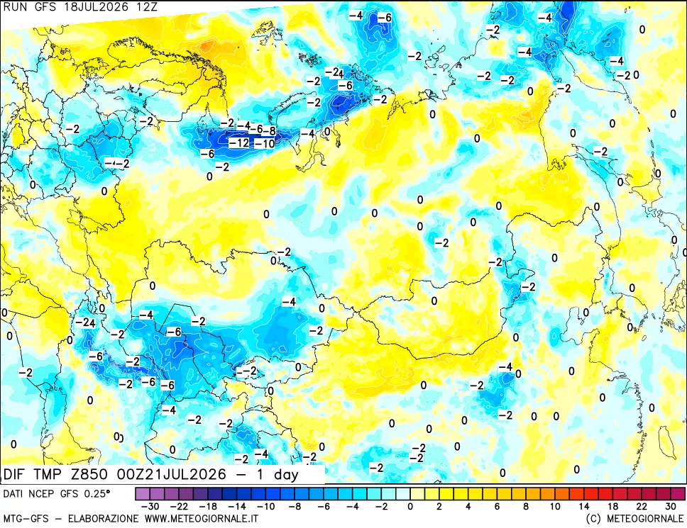 mappa Dif. Temp a 850 hPa Valid - 1 day
