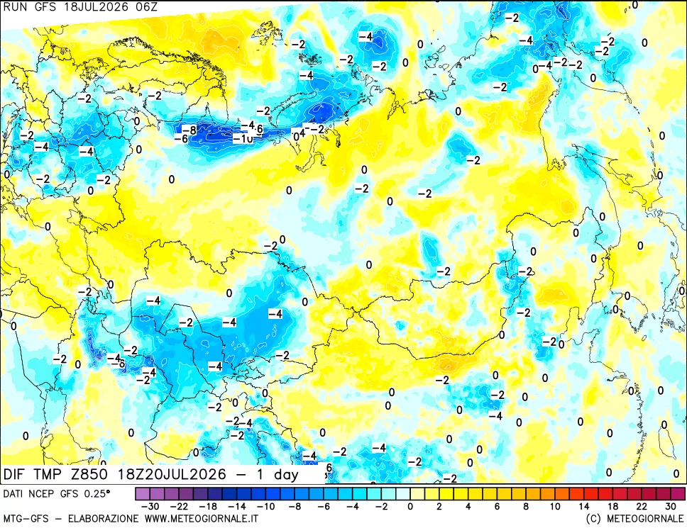 mappa Dif. Temp a 850 hPa Valid - 1 day