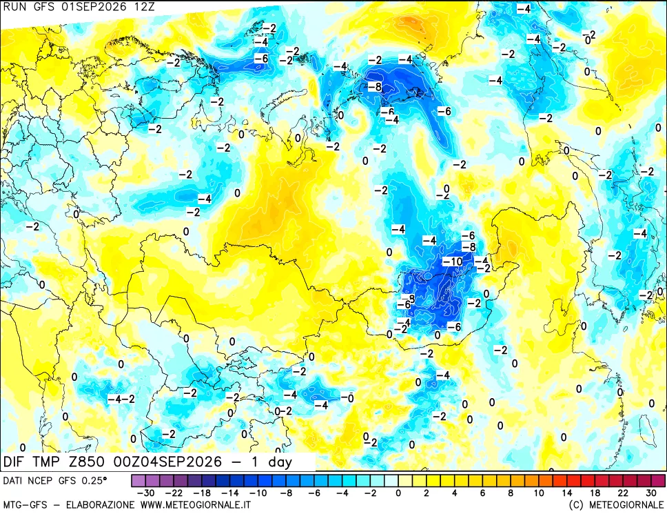 mappa Dif. Temp a 850 hPa Valid - 1 day