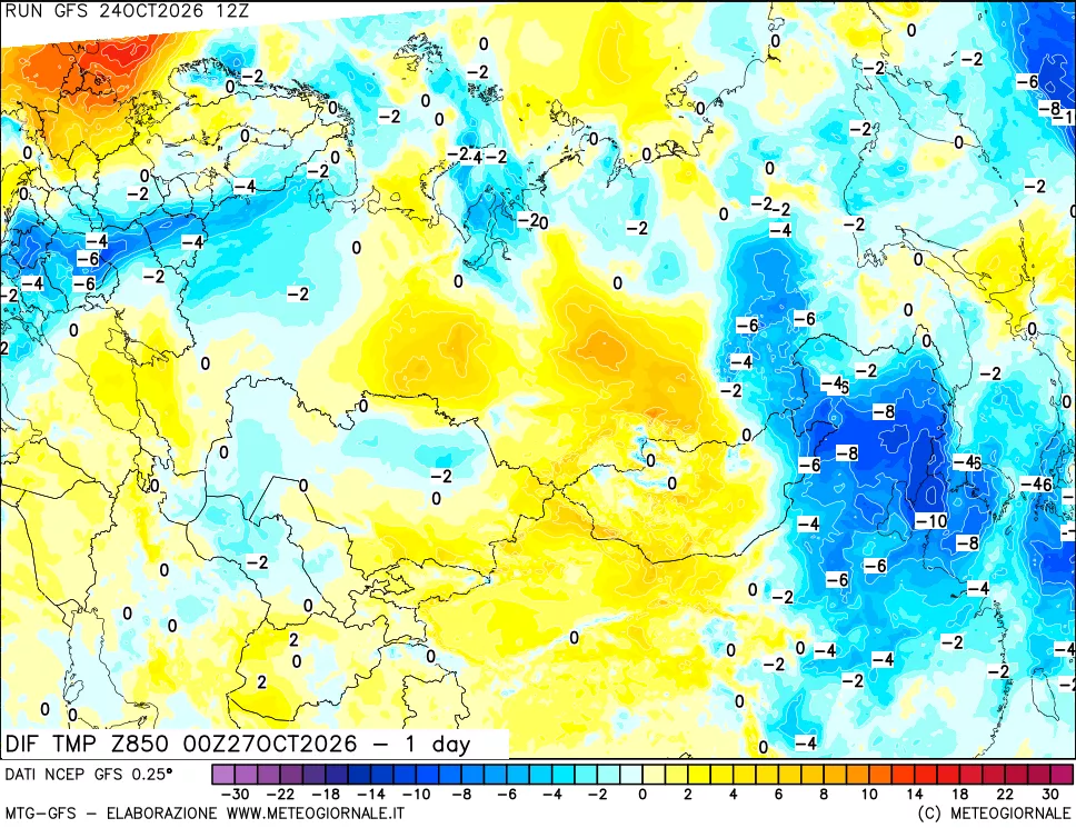 mappa Dif. Temp a 850 hPa Valid - 1 day