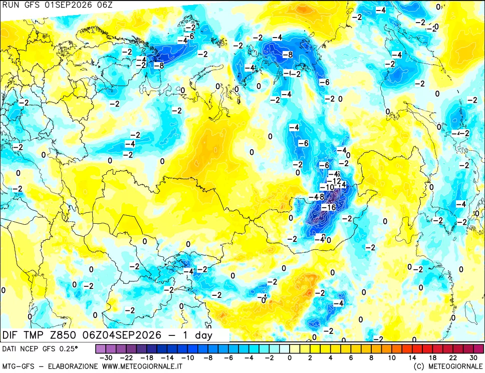 mappa Dif. Temp a 850 hPa Valid - 1 day