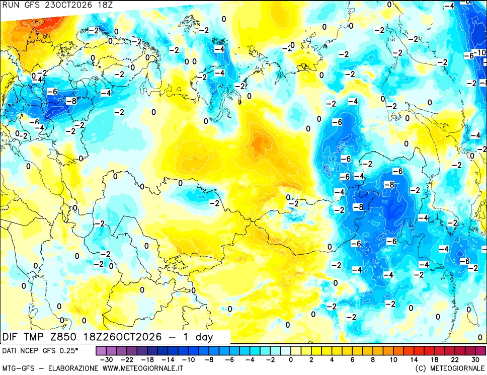 mappa Dif. Temp a 850 hPa Valid - 1 day