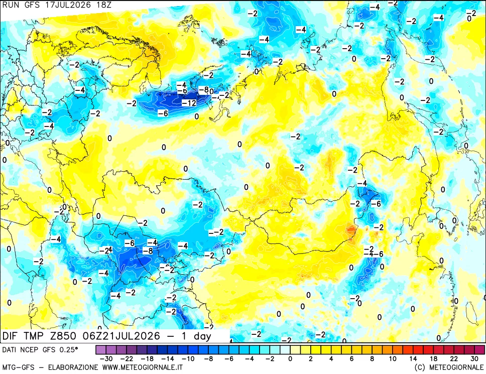 mappa Dif. Temp a 850 hPa Valid - 1 day