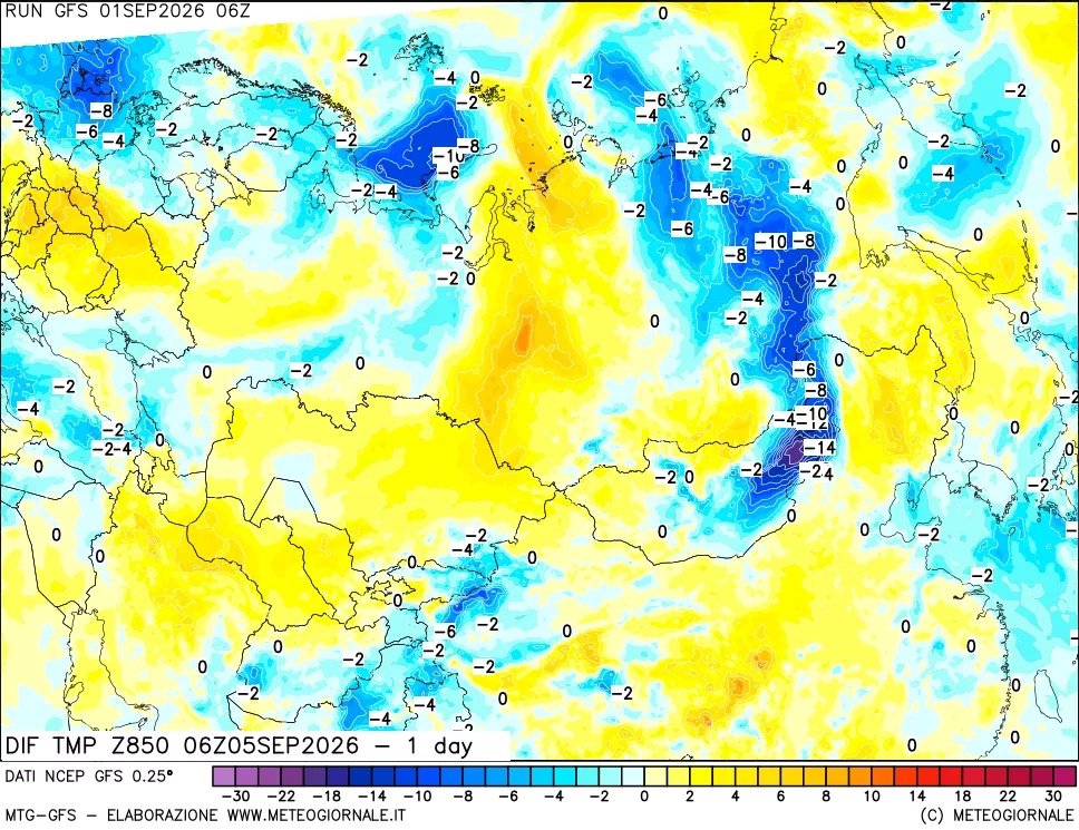 mappa Dif. Temp a 850 hPa Valid - 1 day