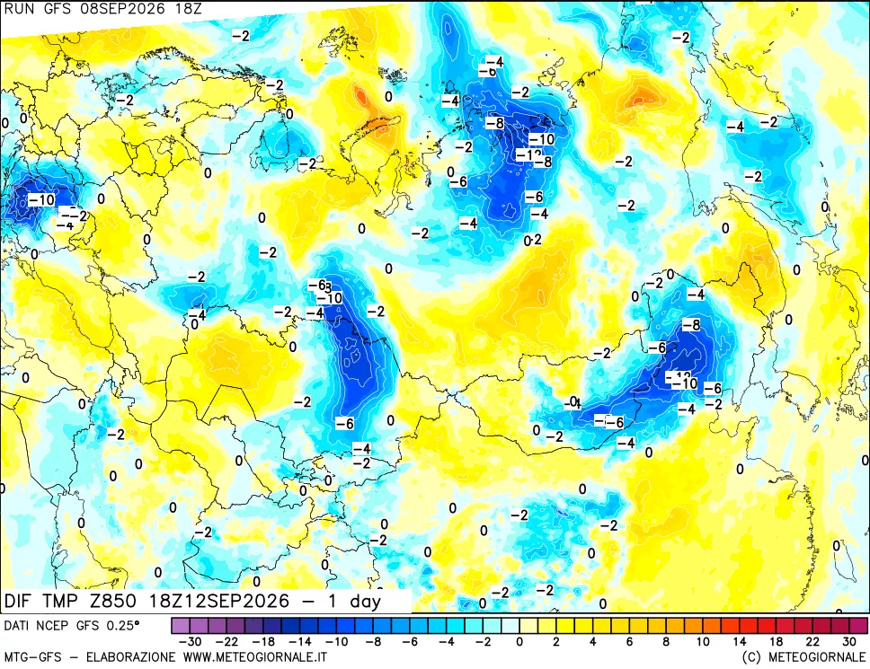 mappa Dif. Temp a 850 hPa Valid - 1 day