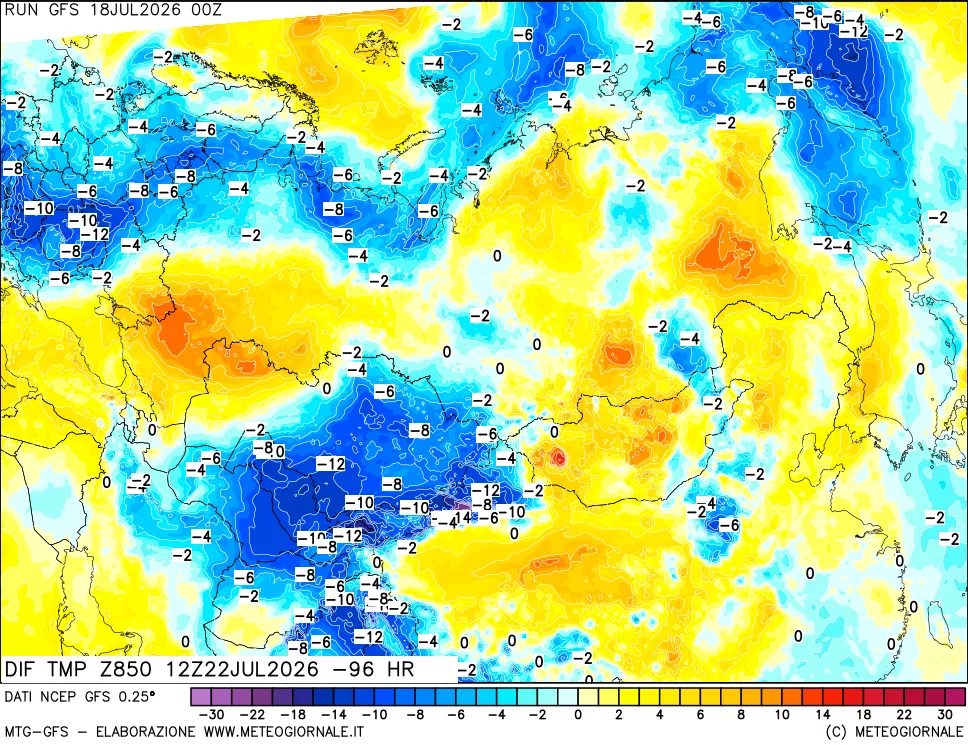 mappa Dif. Temp a 850 hPa Valid - Init