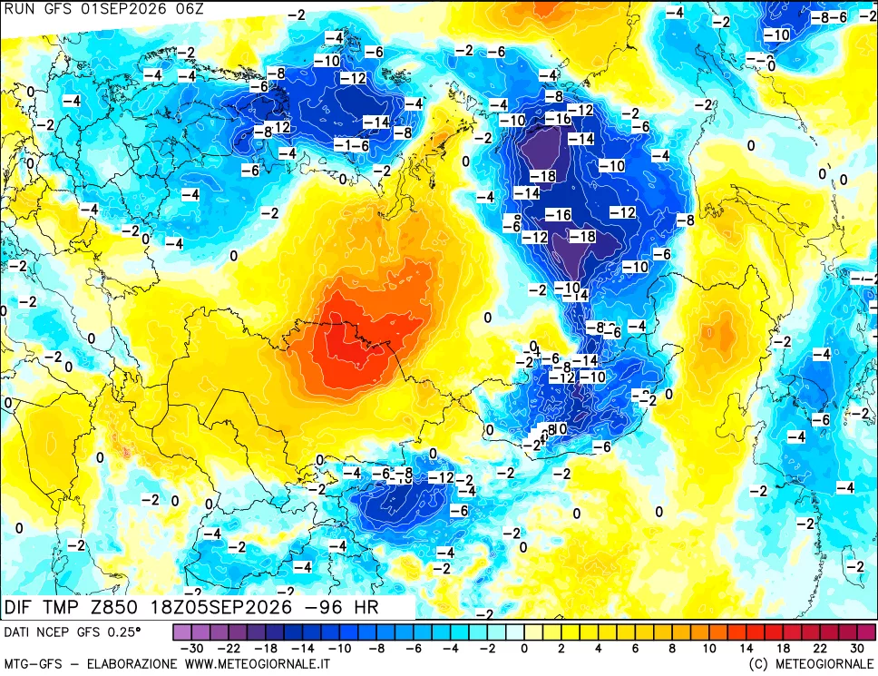 mappa Dif. Temp a 850 hPa Valid - Init