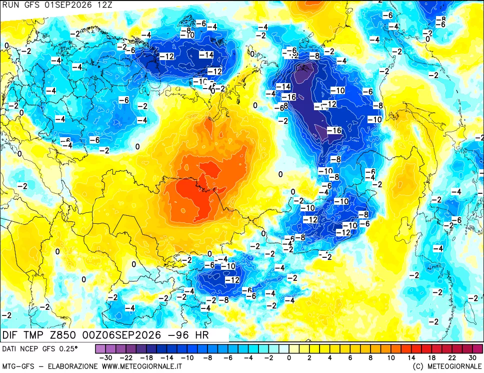 mappa Dif. Temp a 850 hPa Valid - Init