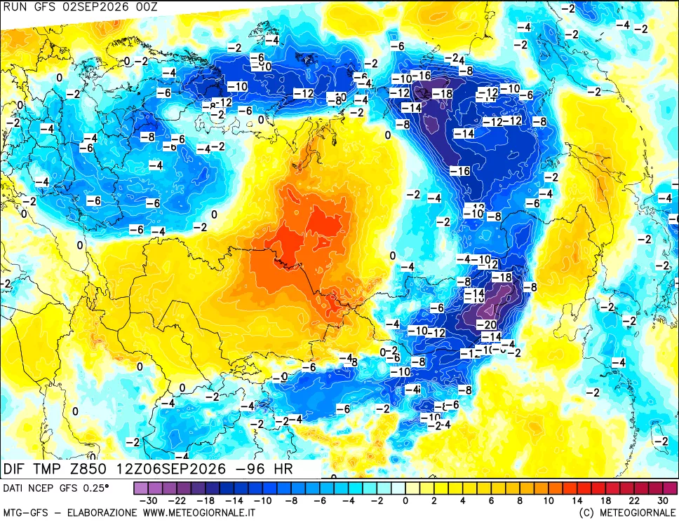 mappa Dif. Temp a 850 hPa Valid - Init