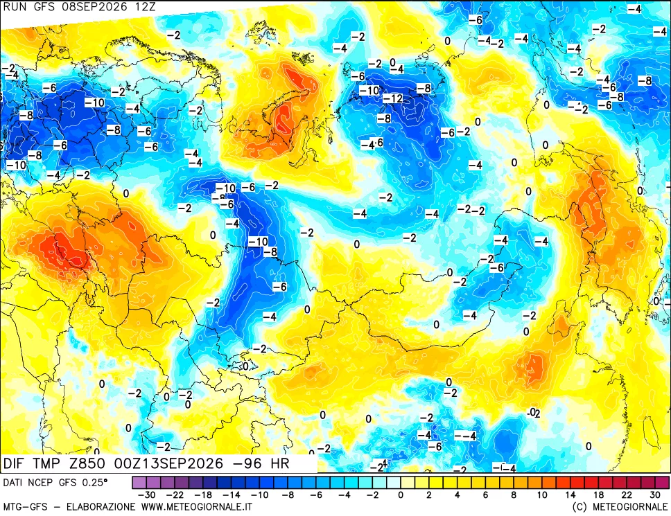 mappa Dif. Temp a 850 hPa Valid - Init
