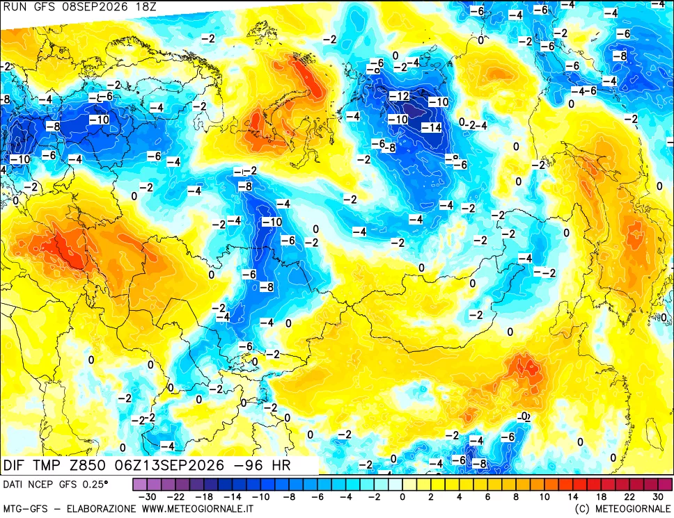 mappa Dif. Temp a 850 hPa Valid - Init
