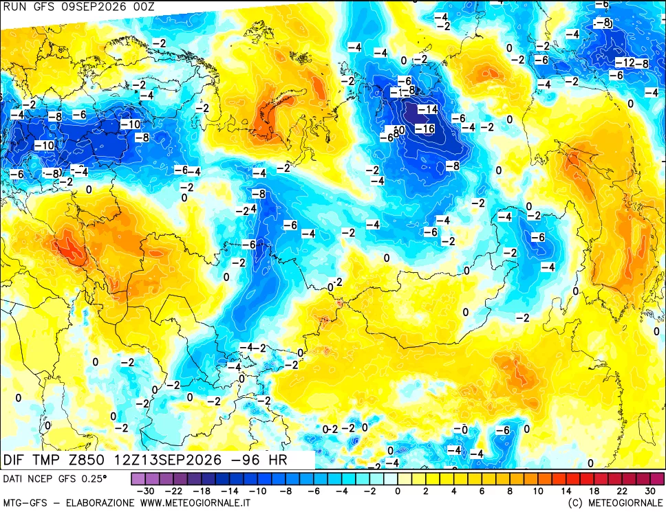 mappa Dif. Temp a 850 hPa Valid - Init