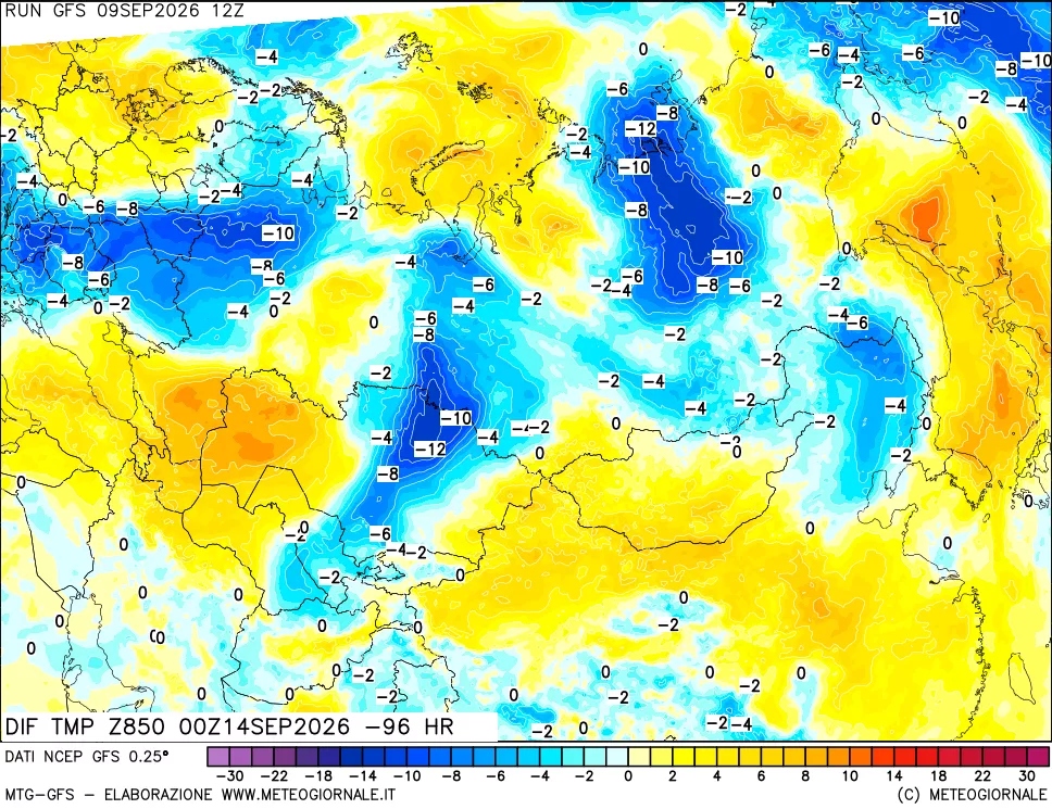 mappa Dif. Temp a 850 hPa Valid - Init