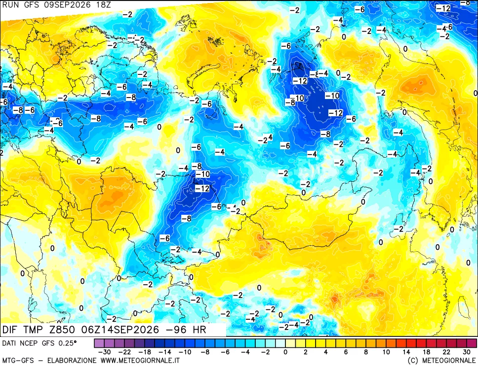 mappa Dif. Temp a 850 hPa Valid - Init