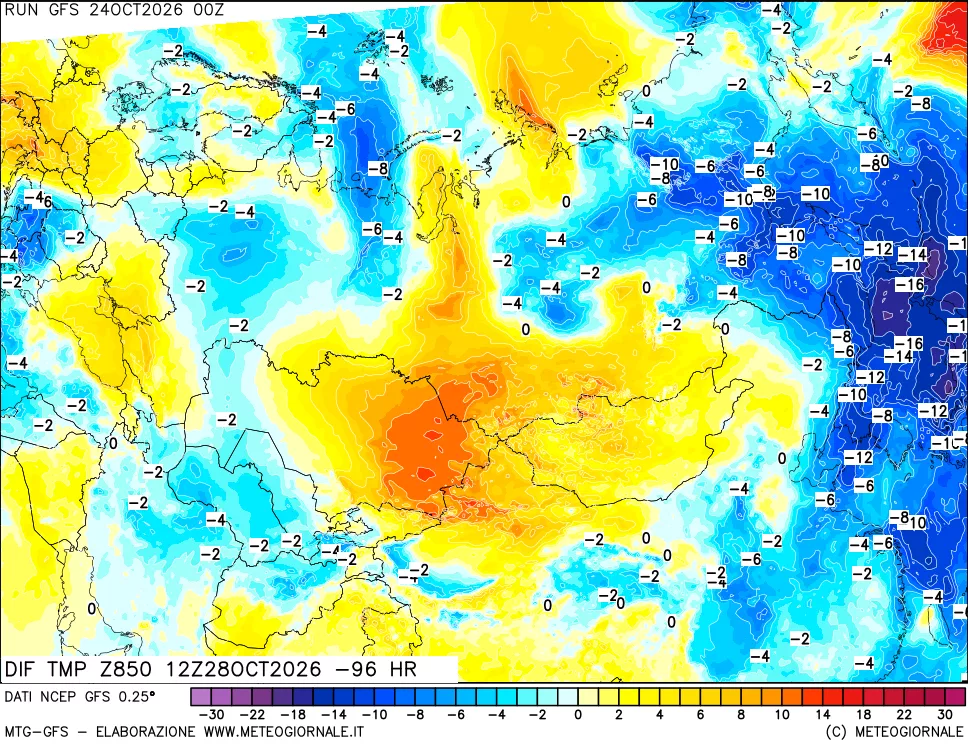 mappa Dif. Temp a 850 hPa Valid - Init