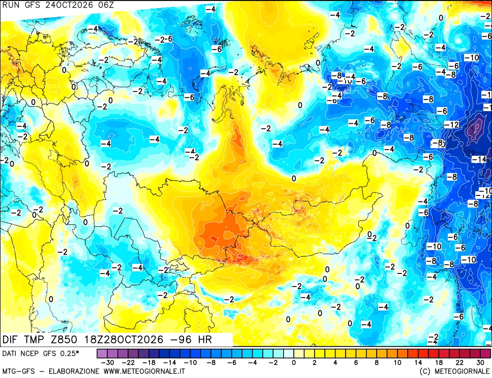 mappa Dif. Temp a 850 hPa Valid - Init