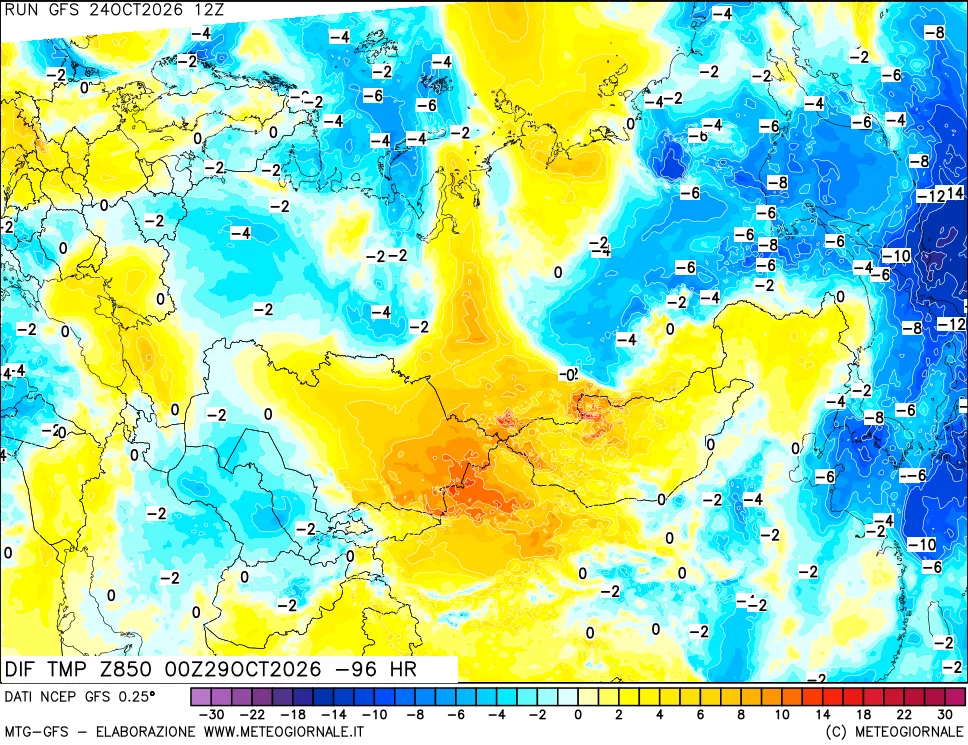mappa Dif. Temp a 850 hPa Valid - Init