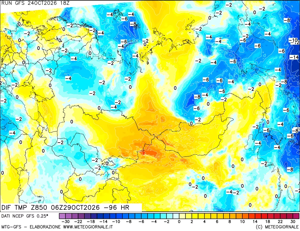 mappa Dif. Temp a 850 hPa Valid - Init