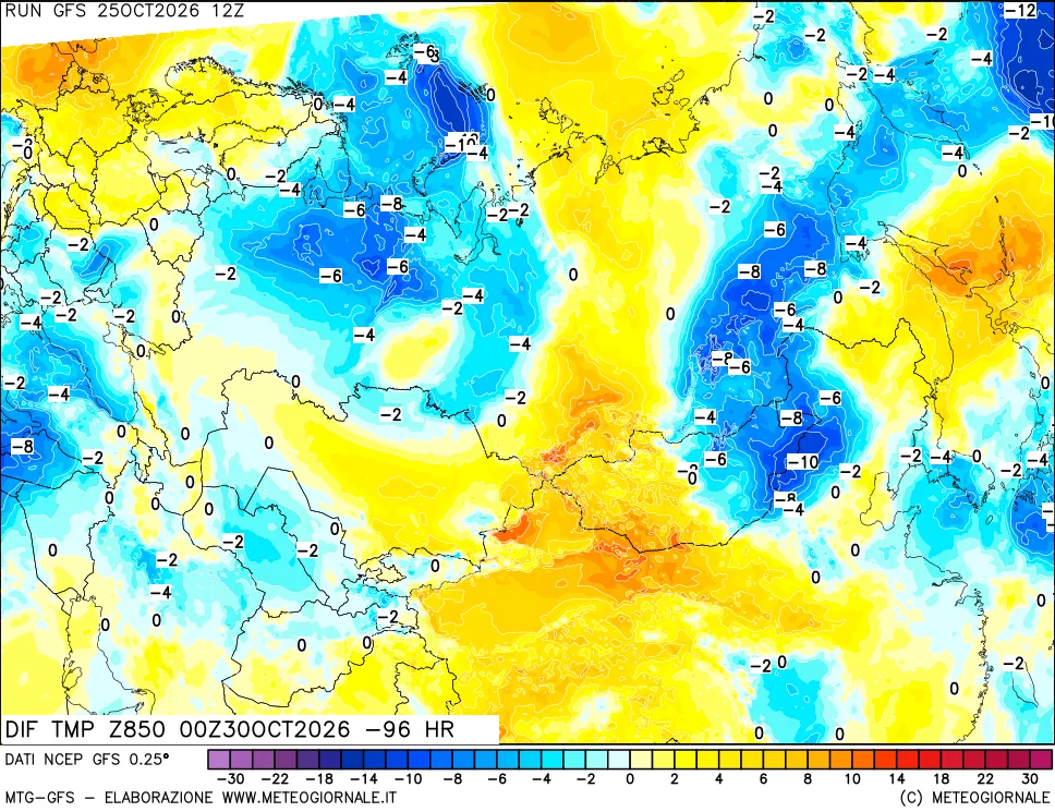 mappa Dif. Temp a 850 hPa Valid - Init